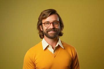 Fototapeta premium Smiling Man with Glasses and Retro Style Outfit Against Minimalist Yellow Background for Portrait Photography 