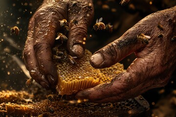 Gently removing honeycomb from a hive with skilled hands in a vibrant apiary filled with buzzing bees. Generative AI
