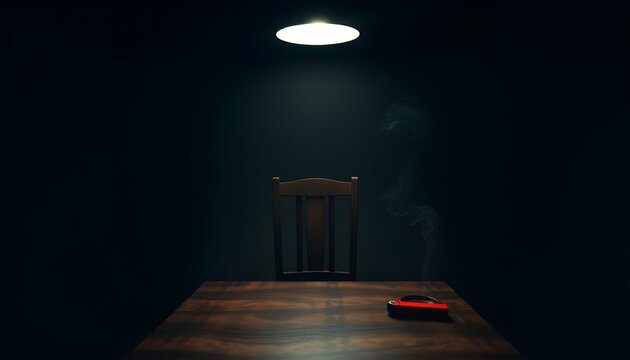 A dimly lit room with a single overhead lamp casting a focused beam of light on a wooden table. A chair sits emptily at the table, and smoke rises from an ashtray nearby. A red lighter lies next to th