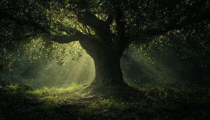 Fototapeta premium Majestic Tree Illuminated by Sunlight in a Serene Forest Setting with Lush Greenery and Tranquil Atmosphere 
