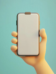 3D cartoon-style hand holding a blank smartphone screen on a pastel background. Perfect for app mockups, UI/UX design presentations, mobile advertising, and digital marketing concepts