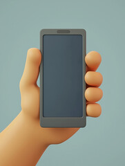 3D cartoon-style hand holding a blank smartphone screen on a pastel background. Perfect for app mockups, UI/UX design presentations, mobile advertising, and digital marketing concepts