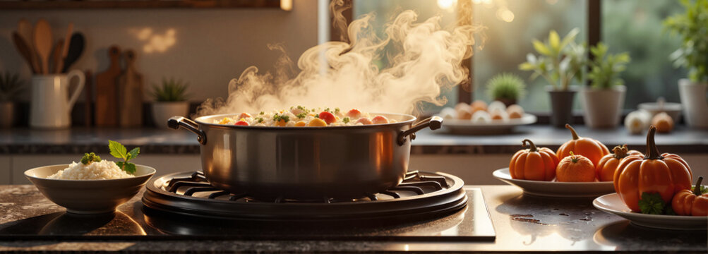 Simmering rosol in modern kitchen during evening, culinary warmth