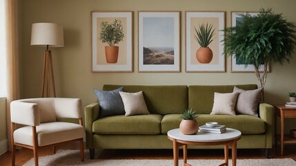 Fototapeta premium A modern stylish living room with an olive green designer fabric sofa set and photo frames displayed on the wall 3d illustration.