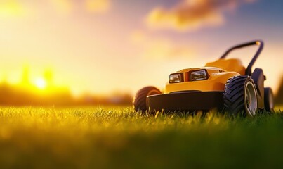 Fototapeta premium Orange Lawn Mower on Grass Field During Sunset