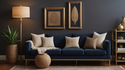 A modern stylish living room with a designer sofa set and photo frames displayed on the wall 3d illustration