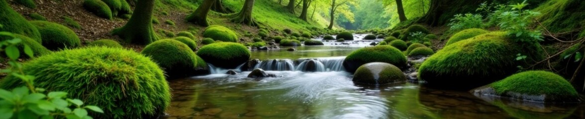 slow-moving stream with mossy banks and forest surroundings, moss, serene