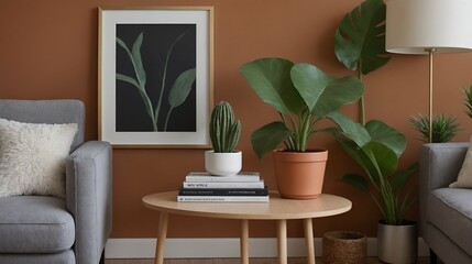 A modern stylish living room with a designer sofa set and photo frames displayed on the wall 3d illustration