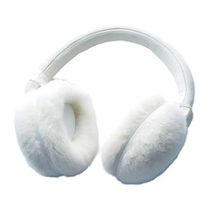 White fluffy earmuffs shown isolated on transparent background for winter clothing fashion or accessory use