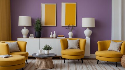 A modern stylish living room with a yellow fabric designer sofa set and photo frames displayed on the wall 3d illustration.