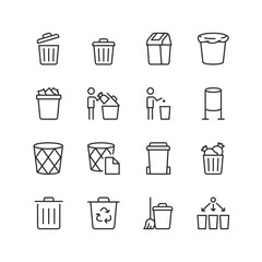 Waste Management and Recycling, linear style icon set. Waste disposal and sorting, including trash bins, recycling bins, and waste segregation processes. Editable stroke width