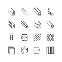 Metal and Stainless Steel Products, linear style icon set. Icons representing metal profiles, screws, bolts, mesh, and other building materials. Beams, pipes, and sheets. Editable stroke width