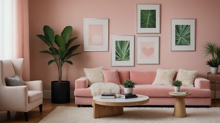 A modern stylish living room with a light pink fabric designer sofa set and photo frames displayed on the wall 3d illustration
