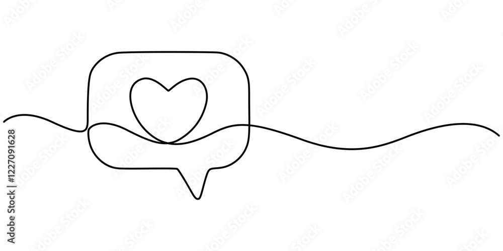 Poster bubble chat with a heart continuous one line drawing, Continuous line speech bubbles drawing.Simple one line bubble chat with a heart .Talk bubbles one line drawing.Speech clouds with a like concept.