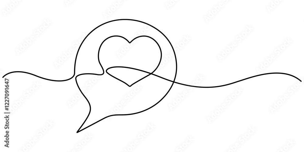 Poster bubble chat with a heart continuous one line drawing, Continuous line speech bubbles drawing.Simple one line bubble chat with a heart .Talk bubbles one line drawing.Speech clouds with a like concept.