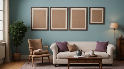 A modern stylish living room with an off-white colour designer sofa set and photo frames displayed on the wall 3d illustration