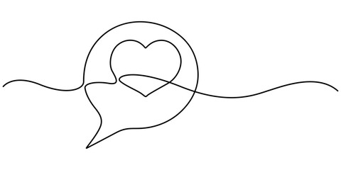 bubble chat with a heart continuous one line drawing, Continuous line speech bubbles drawing.Simple one line bubble chat with a heart .Talk bubbles one line drawing.Speech clouds with a like concept.