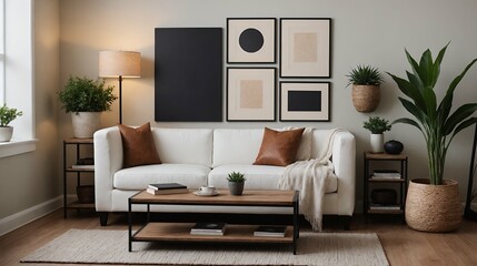 A modern stylish living room with an off-white colour designer sofa set and photo frames displayed on the wall 3d illustration