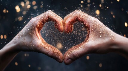 Fototapeta premium Hands Forming Heart Shape with Sparkling Glitter in Dark Background