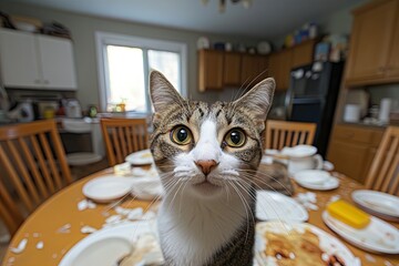 Cat curiously observes messy dining table with plates and remnants of food during meal time