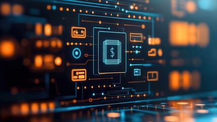 Fototapeta premium Financial technology automation platforms concept. Cloudbased fintech platform interface, automation, managing crossborder payments in a futuristic workspace