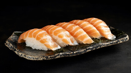 Cartoon salmon sushi, isolated vector sashimi japan seafood cuisine with slice of fresh fish, rice and seaweed on white background. Japanese restaurant sushi meal, delicious gourmet snack