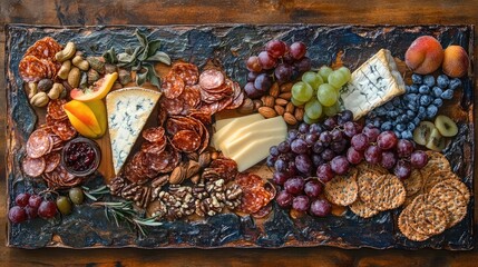 A rustic charcuterie board with gourmet cheeses, fresh fruit slices, and nuts, styled on an aged wooden surface