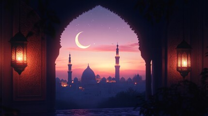 Ornate mosque silhouette with a crescent moon and glowing lanterns, featuring space for text on the left
