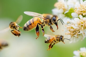 Vibrant nectar competition among bees in a blooming flower meadow during the golden hour of spring. Generative AI