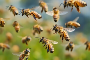 Vibrant meadow filled with bees competing for nectar on a sunny day in spring. Generative AI