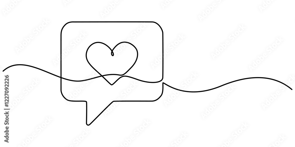 Poster bubble chat with a heart continuous one line drawing, Continuous line speech bubbles drawing.Simple one line bubble chat with a heart .Talk bubbles one line drawing.Speech clouds with a like concept.