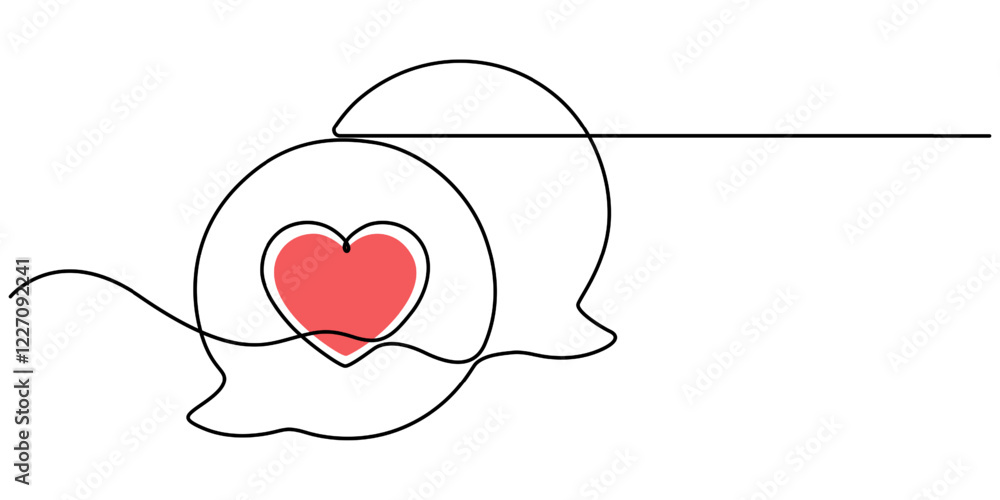 Poster bubble chat with a heart continuous one line drawing, Continuous line speech bubbles drawing.Simple one line bubble chat with a heart .Talk bubbles one line drawing.Speech clouds with a like concept.