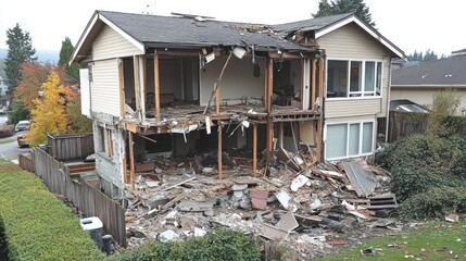 Demolition of a Two-Story House: A View of the Destruction and Debris