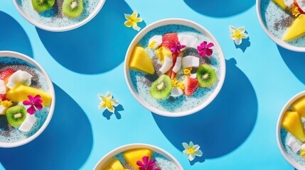 Colorful Fruit and Chia Pudding Bowls on Bright Background for Healthy Eating Inspiration