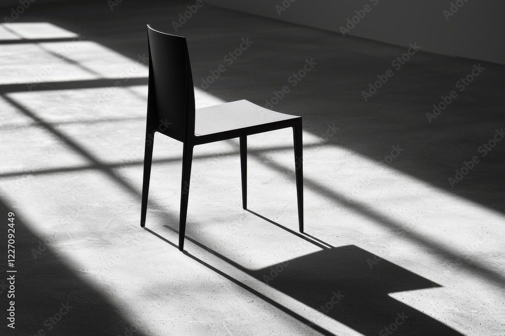 Poster minimalist black and white chair with sharp shadows on smooth concrete floor highlighting simplicity