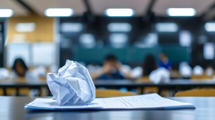 Crumpled Paper on Desk in Classroom Background of Unfocused Students
