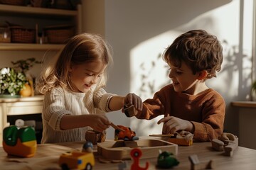 Kids playing with colorful wooden toys in a sunlit room during a cozy afternoon
