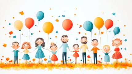 Charming Family Illustration With Colorful Balloons And Joyful Characters Holding Hands In A Warm Setting