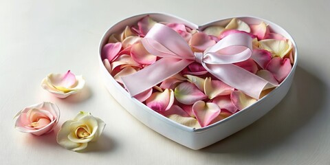 A delicate, hand-painted heart-shaped box filled with exquisite rose petals and a soft, white ribbon tied around it , romantic