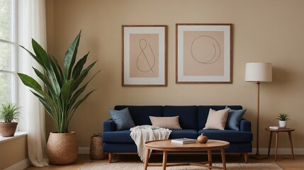 A modern stylish living room with a dark blue designer sofa set and photo frames displayed on the wall 3d illustration