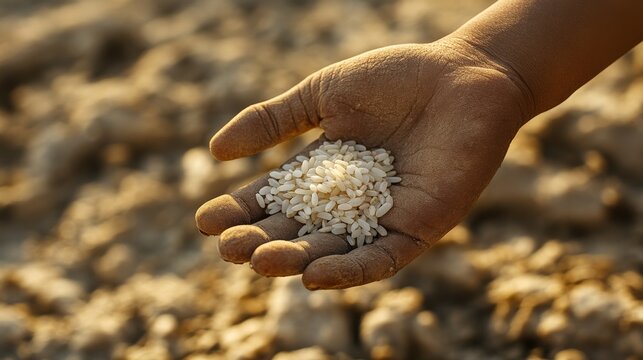 A small hand, marked by malnutrition, holds a handful of rice grains in a dry rural area. The sunlight highlights the dirt and texture of the skin, emphasizing the dire need for food