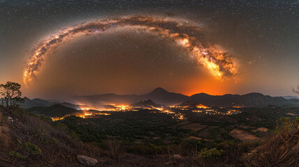 Milky Way arch over night valley town