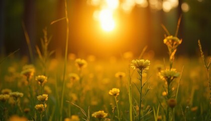 Obraz premium Warm Sunset Light Illuminates Yellow Flowers in a Lush Green Field