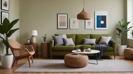 A modern Scandinavian-inspired living room with a green designer sofa set and photo frames is displayed on the wall 3d interior illustration image.