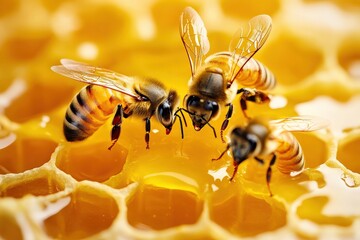 Exploring the intricate world of bees on a honeycomb in vibrant waxy tones under natural light. Generative AI