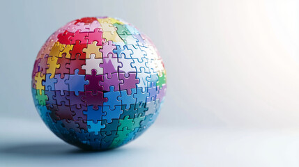 A globe made of puzzle pieces in different colors, representing unity, with clear copy space