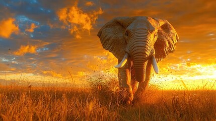 Fototapeta premium Majestic elephant charging at sunset in African savanna; wildlife documentary