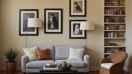 A modern Scandinavian-inspired living room with a grey designer sofa set and photo frames is displayed on the wall 3d interior illustration image.