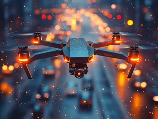 A high-tech drone equipped with a camera hovers over a cityscape at sunset, capturing aerial footage. Its illuminated structure contrasts beautifully against the blurred urban skyline