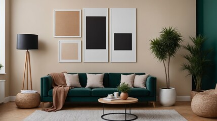 A modern Scandinavian-inspired living room with a designer sofa set and photo frames is displayed on the wall 3d interior illustration image.